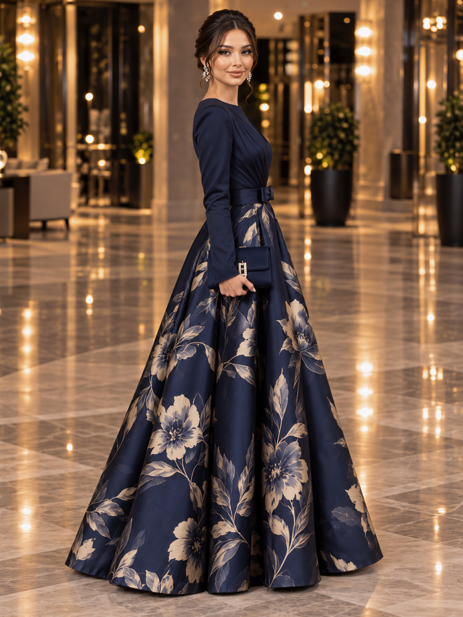 Long Sleeve Floral Print A-Line Evening Gown