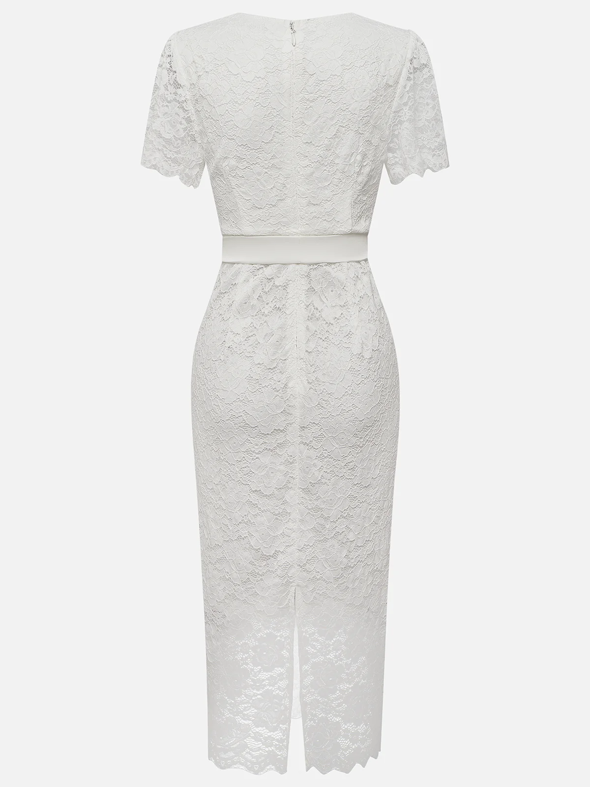 White Bow Lace V Neck Short Sleeve Sheath Midi Dress