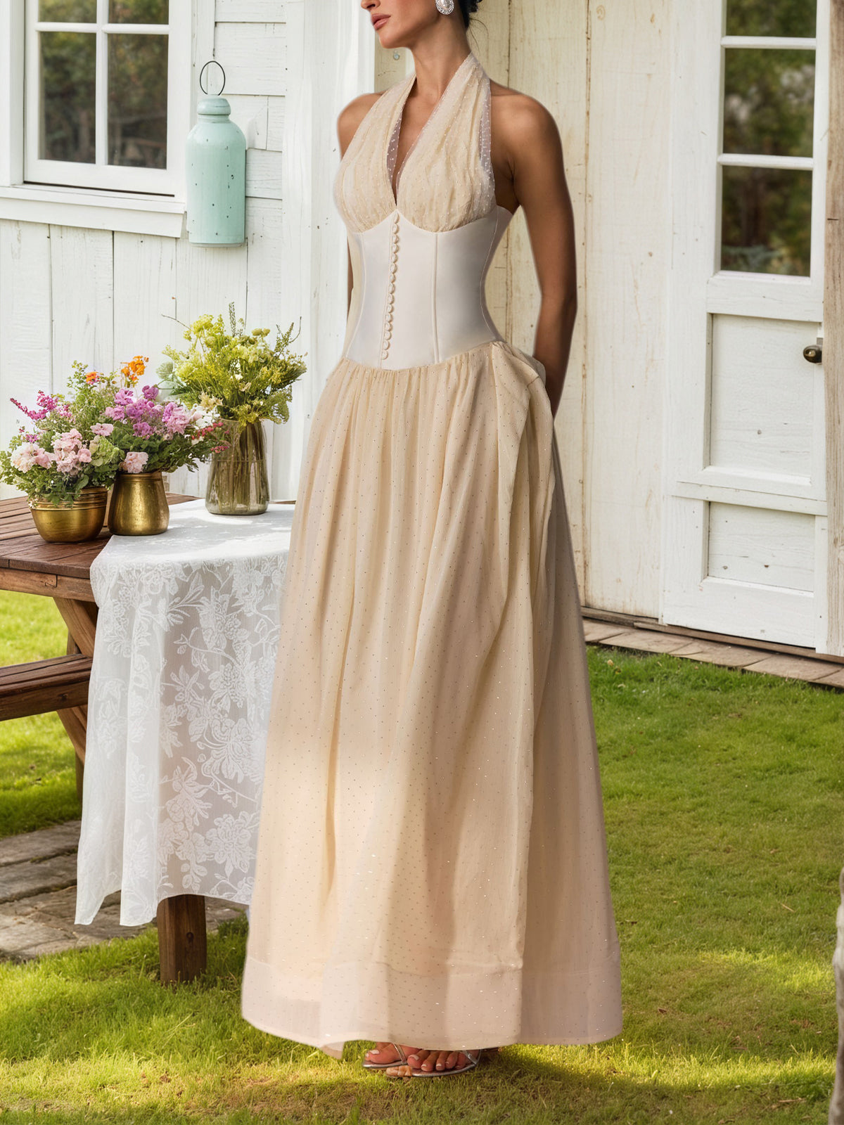 White Halterneck Tulle Overlay Maxi Dress