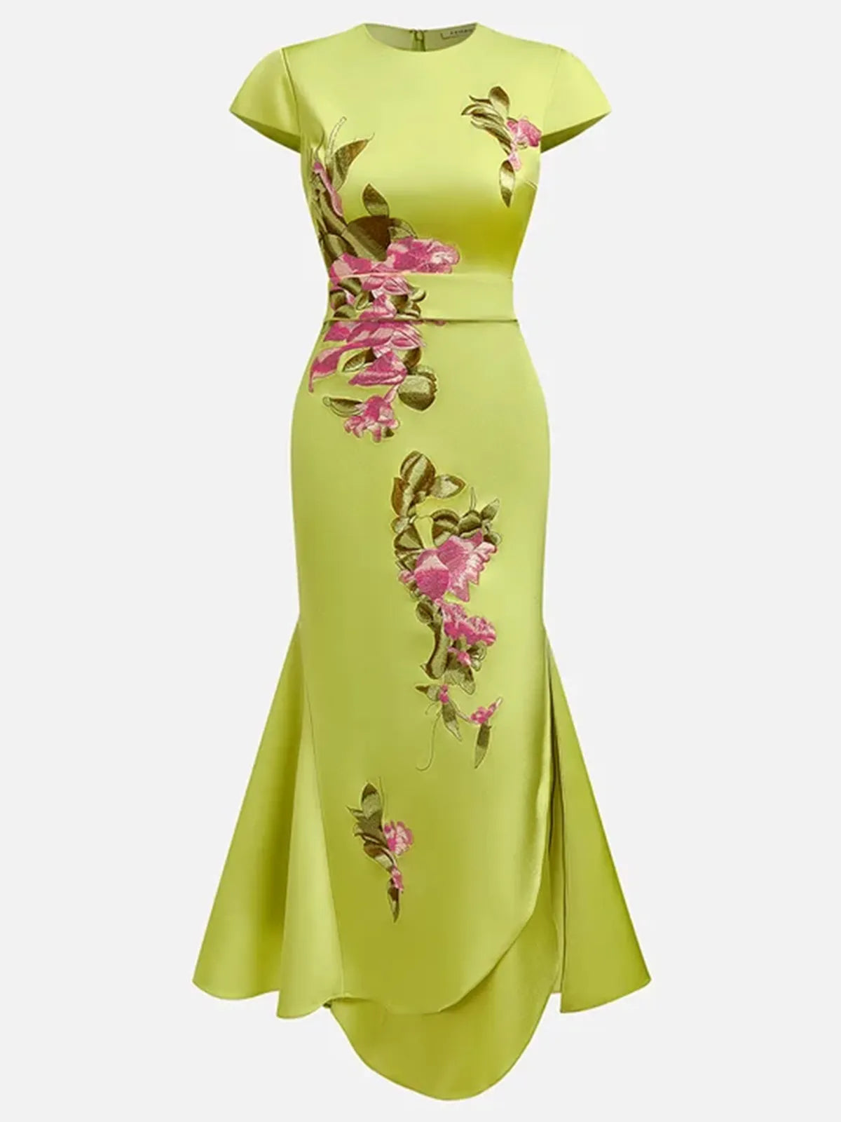 Green Floral Embroidered Cap Sleeve Slit Sheath Maxi Dress