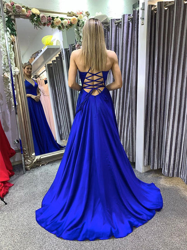 Blue A Line Spaghetti Straps V Neck Satin Long Prom Dress with Slit