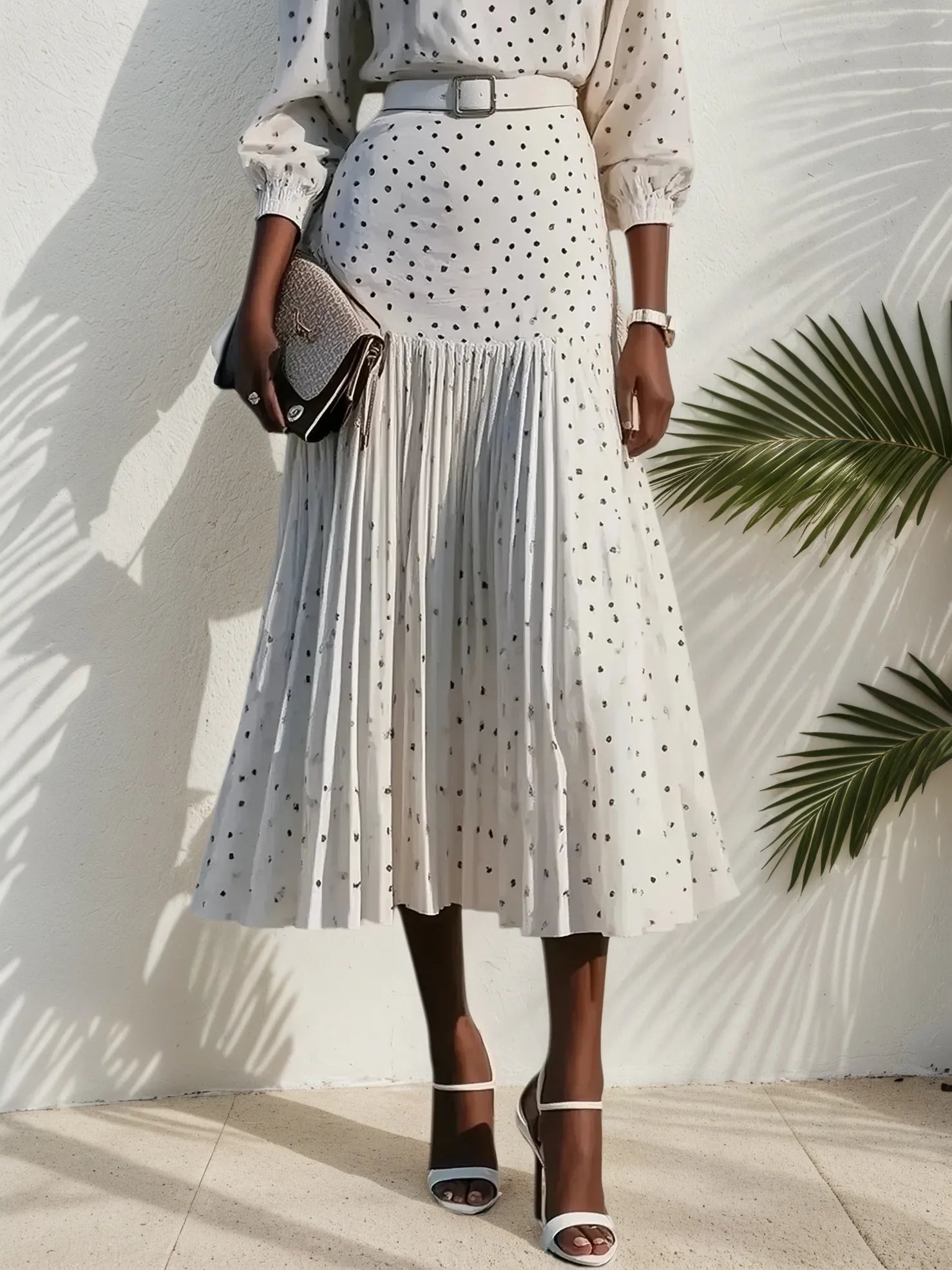 White Pleated Polka Dots Classic Crew Neck Long Balloon Sleeve A-Line Midi Dress