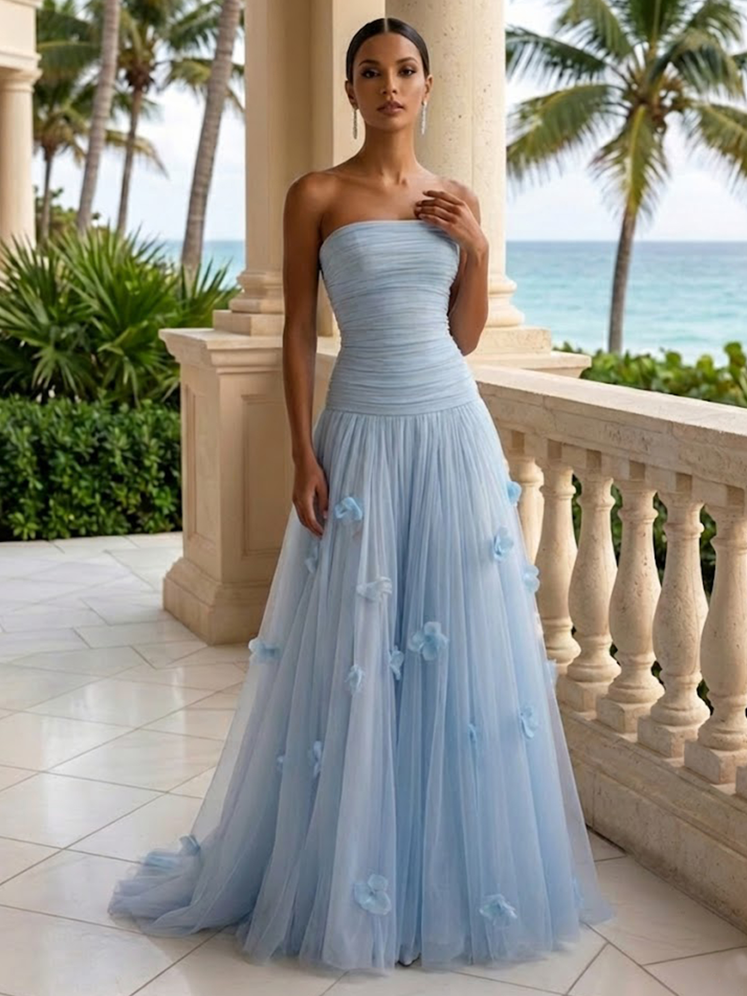Light Blue 3D Floral Ruched Tulle Strapless Sleeveless A-Line Gown Dress