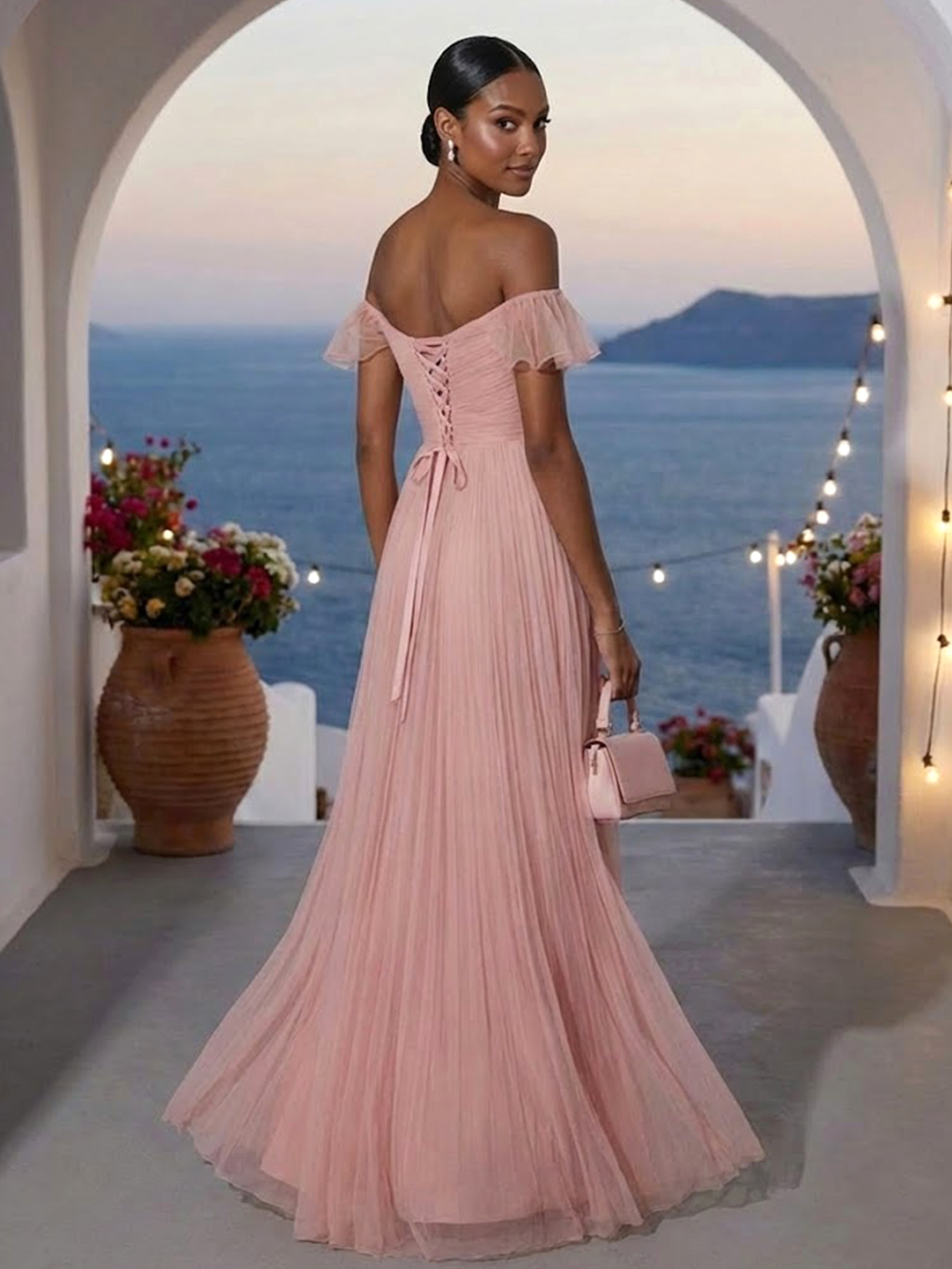 Pink Ruffled Pleated Tulle Off The Shoulder Short Sleeve A-Line Gown Dress