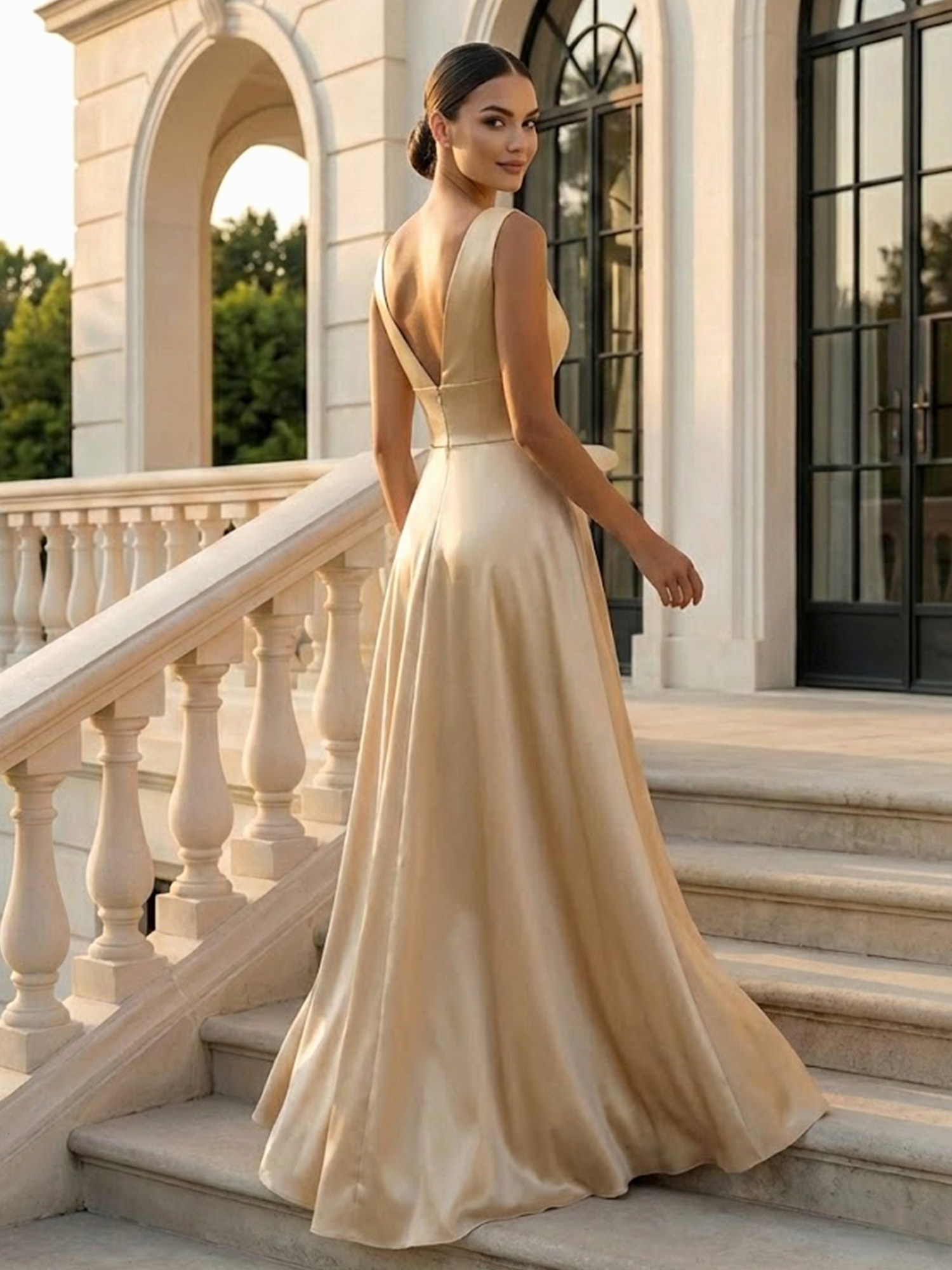Champagne Elegant Satin V-Neck Maxi Dress With Asymmetric Ruffle
