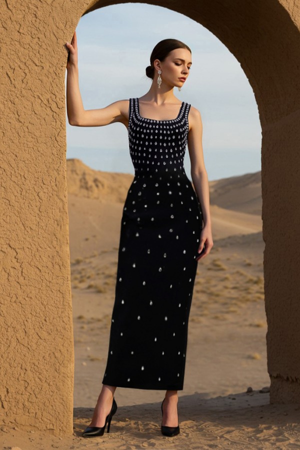 Formal Evening Dress Black Square Neck Rhinestones Maxi Dress
