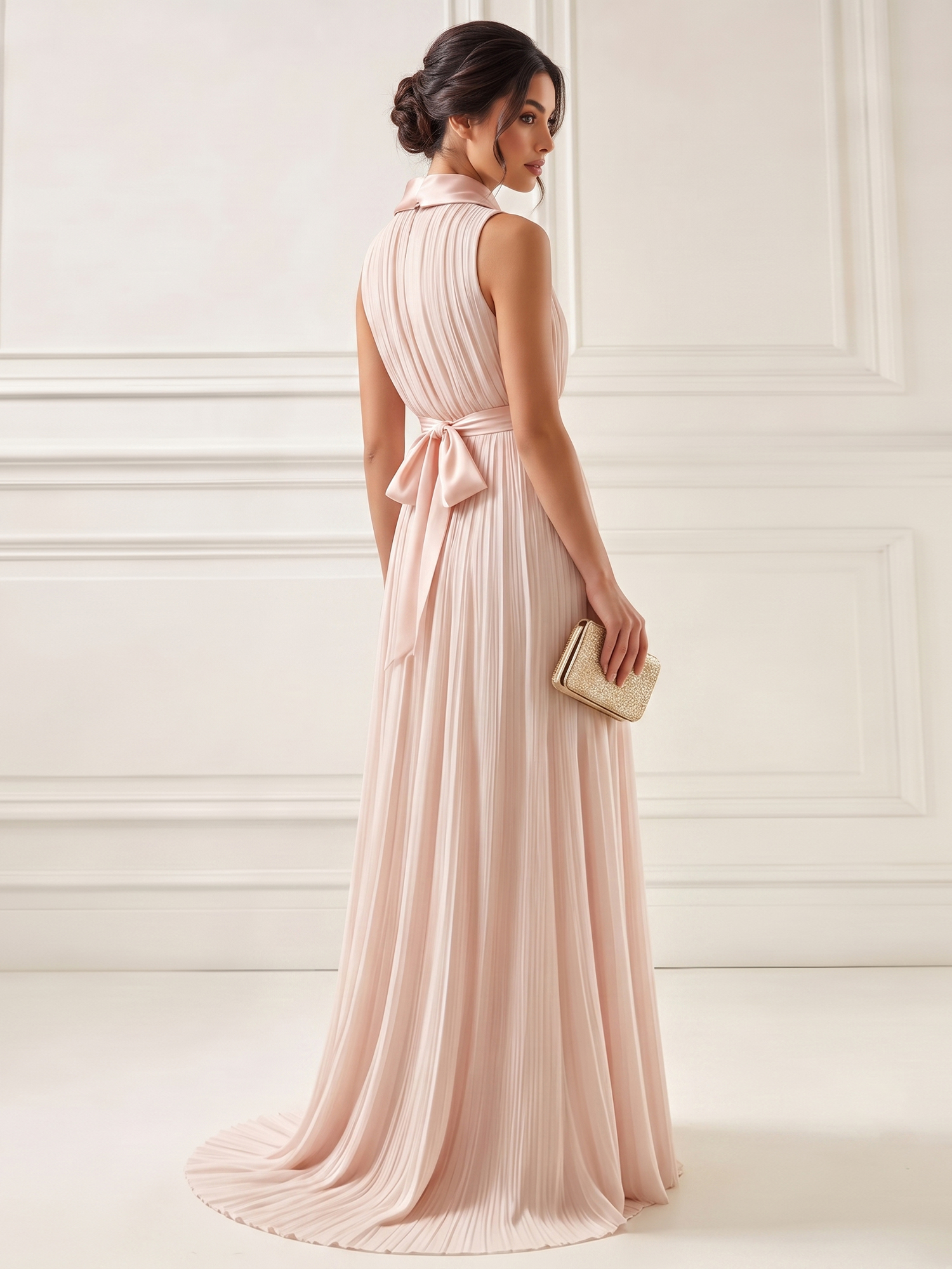 Ethereal Pleated Satin Evening Gown with Bow Accent