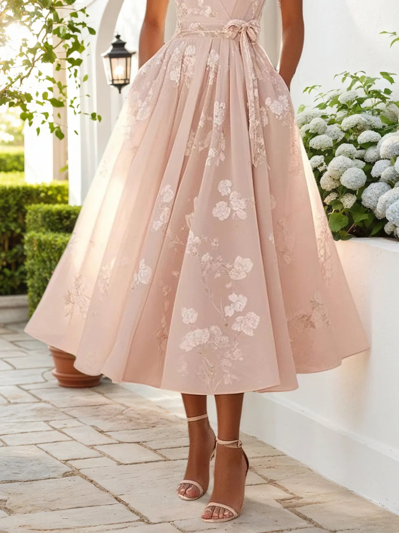Light Pink Embroidered V Neck Sleeveless A-Line Midi Dress