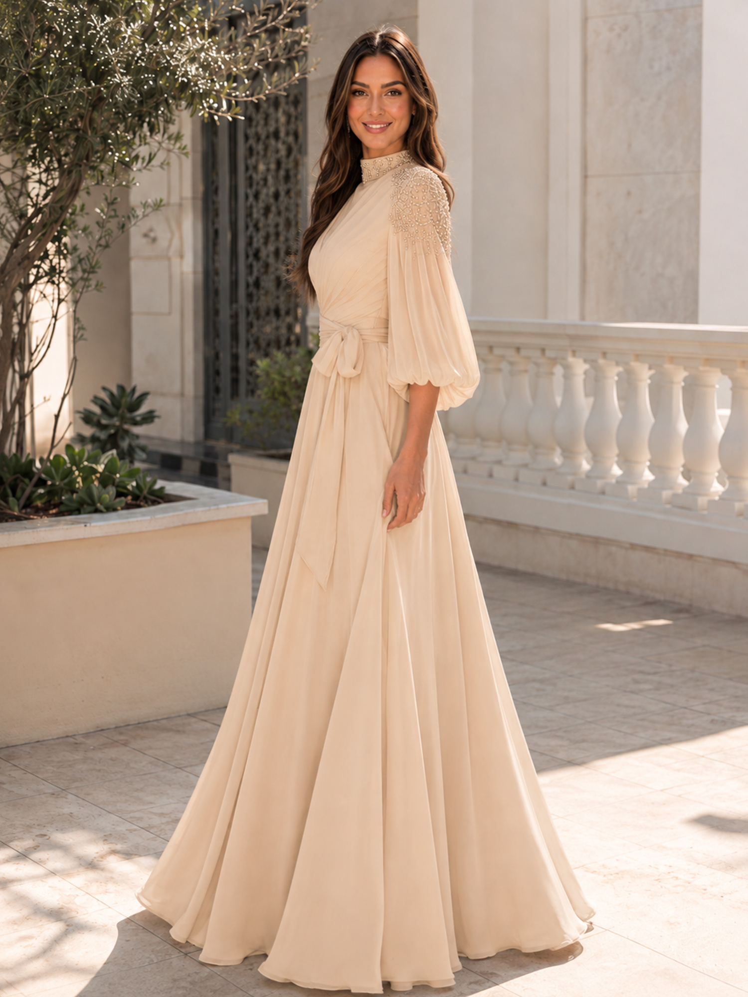 Beaded Mock Neck Long Sleeve Chiffon Evening Gown