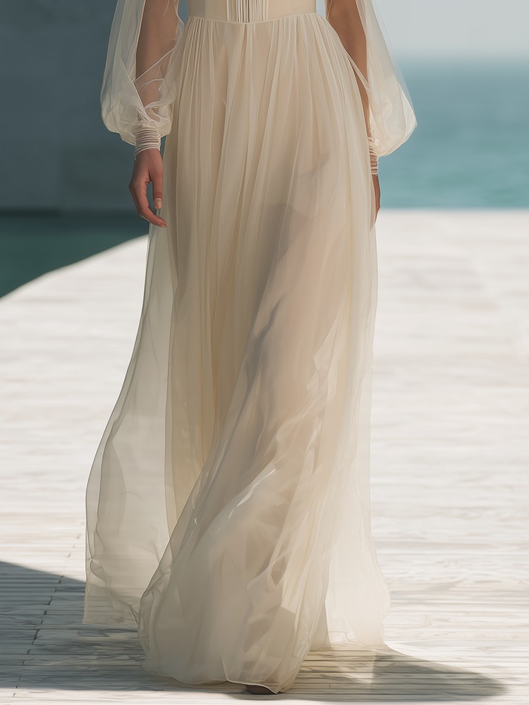 Elegant Round Neck Lantern Sleeve Maxi Dress