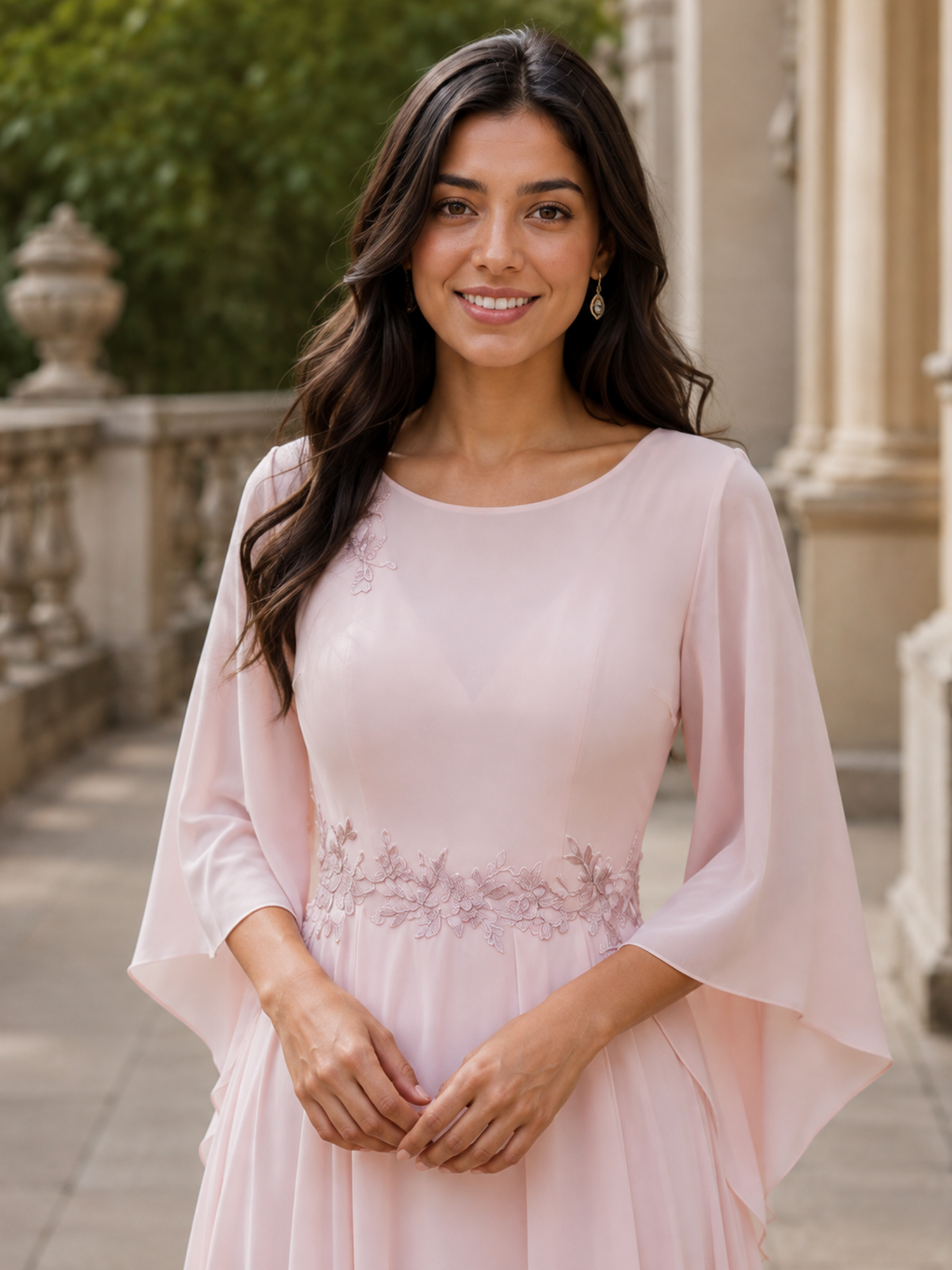 Crew Neck Long Bell Sleeve Applique A-Line Evening Gown