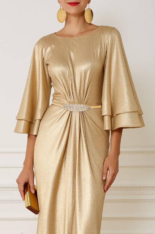 Formal Party Dress Gold Round Neck Ruffle Sleeve Belted Maxi Dress