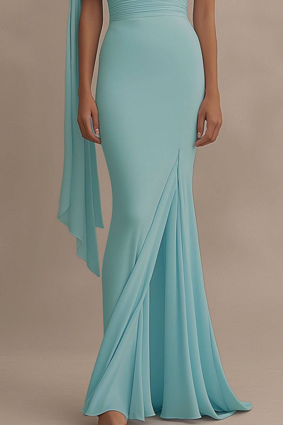 Formal Evening Dress Light Blue One Shoulder Draped Slit Floor Dress