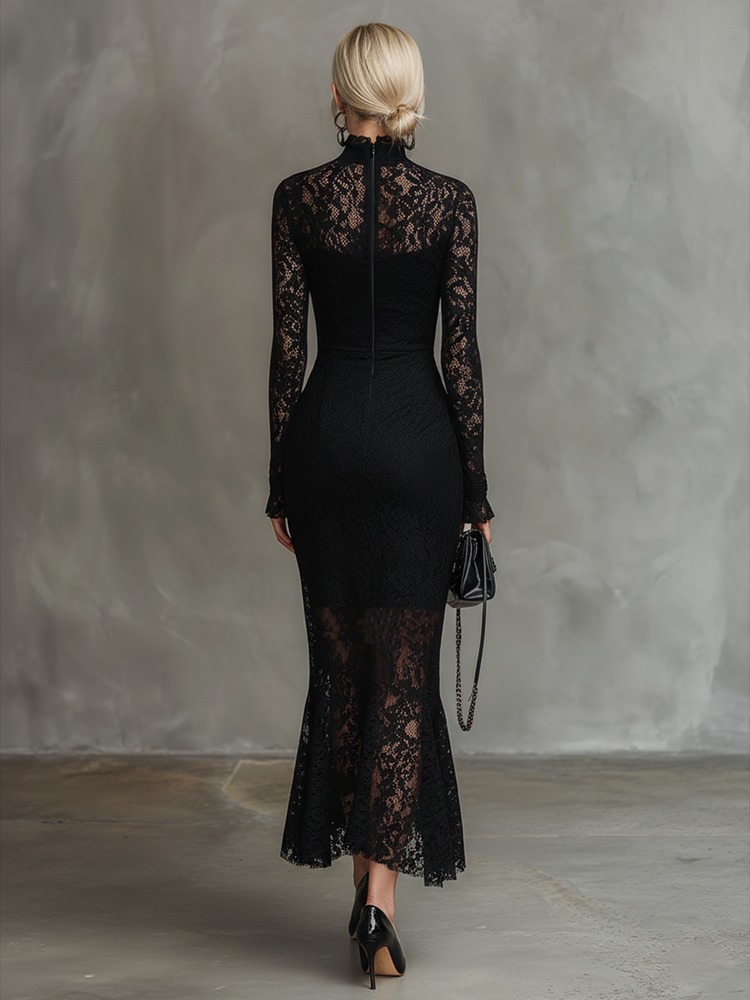 Elegant Party Black Stretch Lace Fishtail Maxi Dress