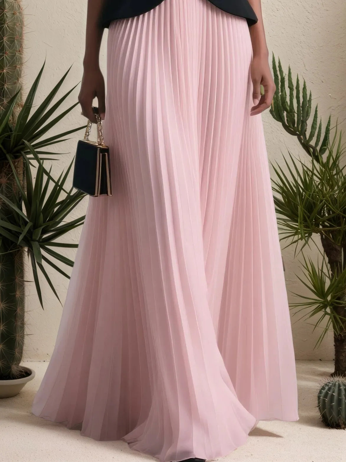 Women Pink Pleated Strapless Sleeveless Dressy Top With Skirt Two-Piece Set