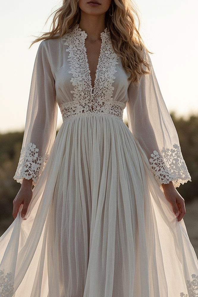 Boho Vacation Lace Dress White Deep V Maxi Dress