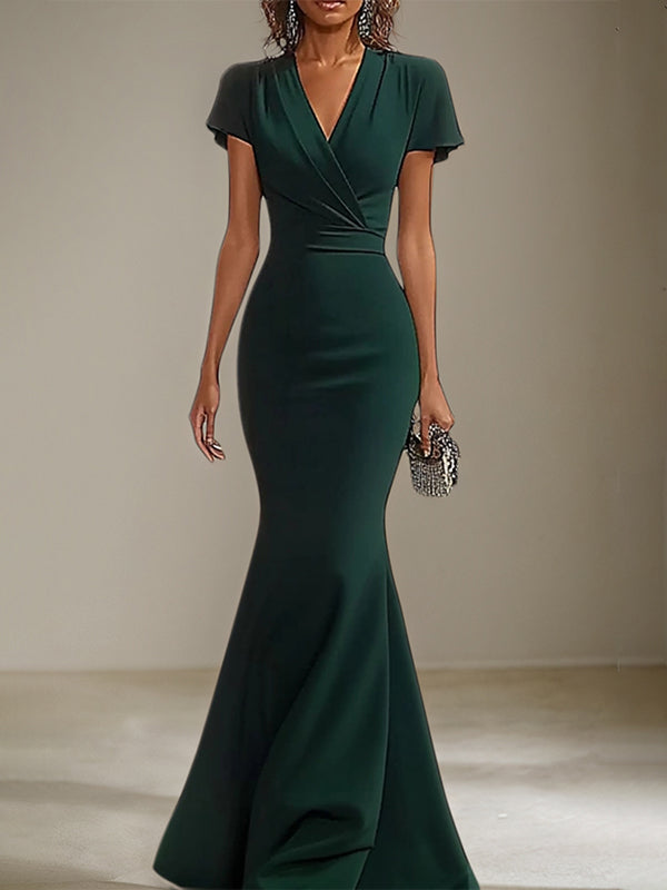 Dark Green Stretch Crepe V Neck Flutter Sleeves Floor Length Mermaid Formal Dress