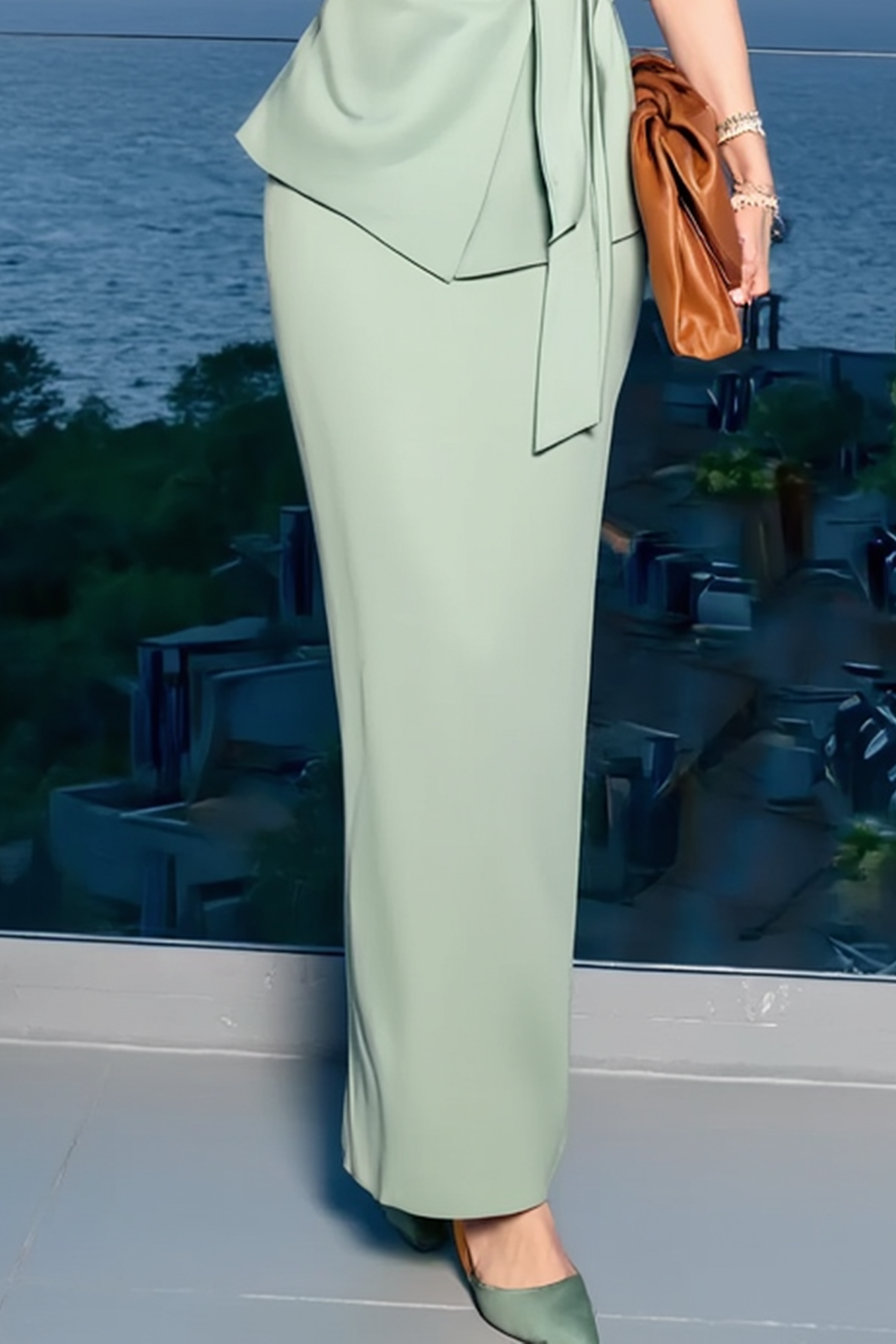 Work Business Set Light Green Collared Tie Top with Maxi Skirt