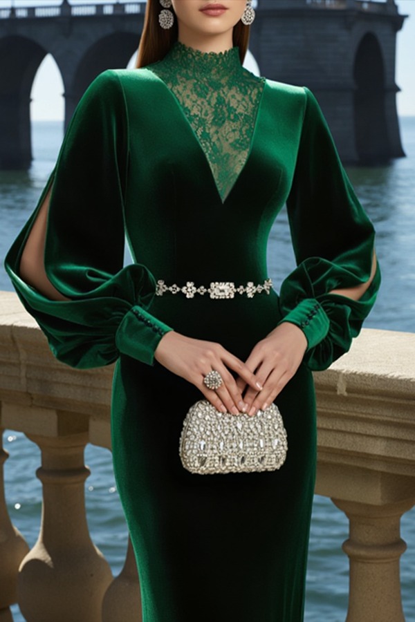 Formal Evening Dress Velvet Dark Green Puff Sleeve Stand Neck Lace Maxi Dress