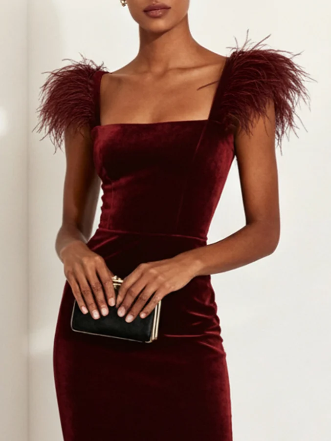 Wine Red Feather Velvet Square Neck Sleeveless Mermaid Midi Dress