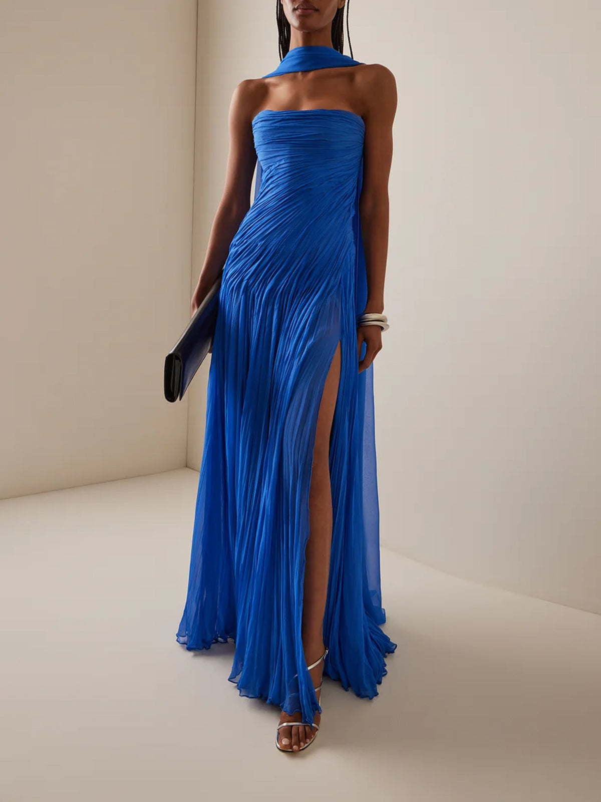 Blue Chiffon A Line Off The Shoulder Sleeveless Floor Length Pleated Dress