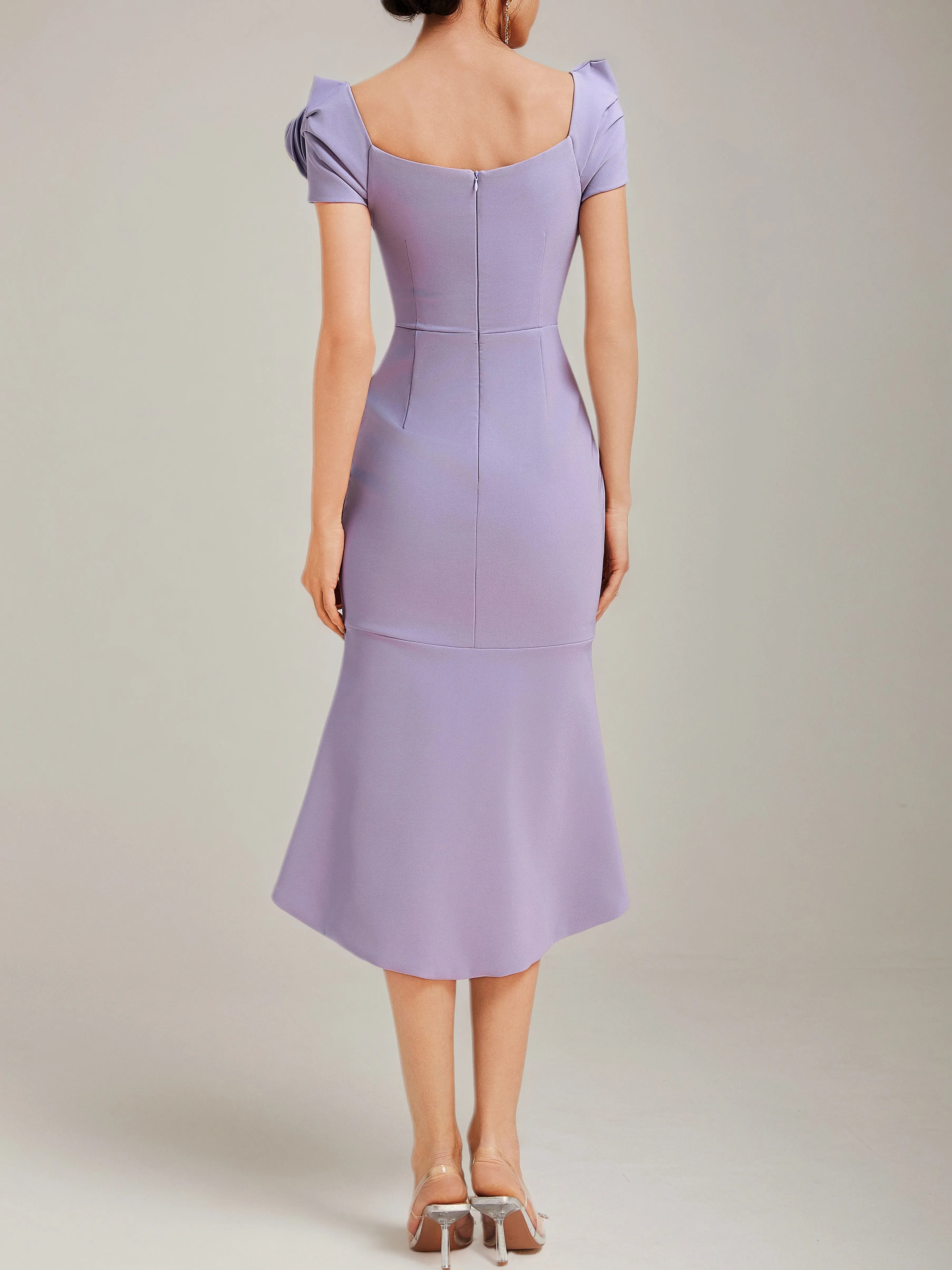 Lavender Purple Ruched 3D Floral Classic V Neck Short Sleeve Sheath Midi Dress