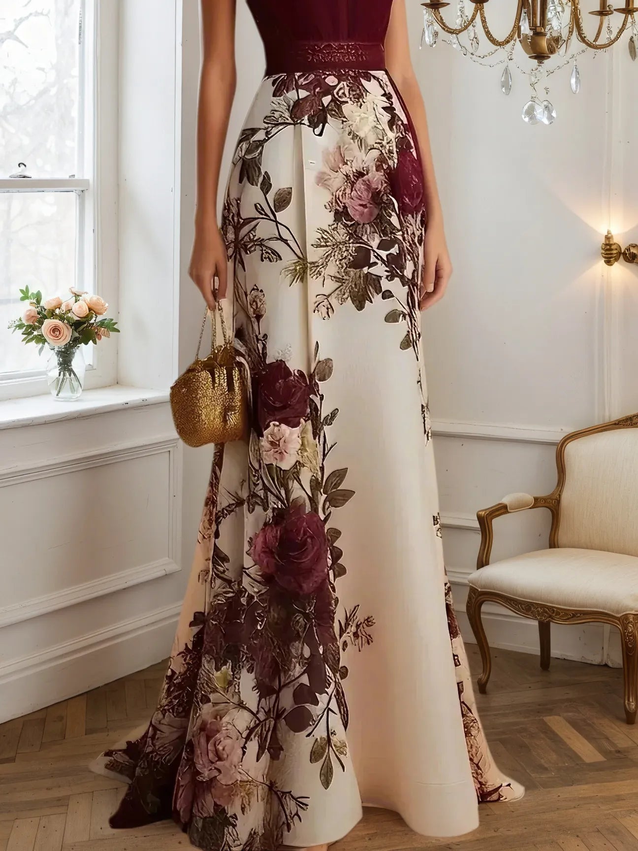 Wine Red Lace Floral Satin V Neck Short Sleeve A-Line Maxi Dress