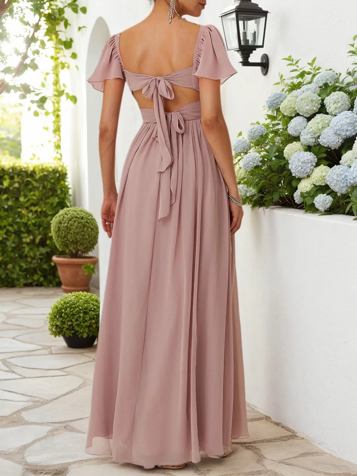 Pink Lace-up Ruched Chiffon Square Neck Gallus Bell Sleeve A-Line Maxi Dress