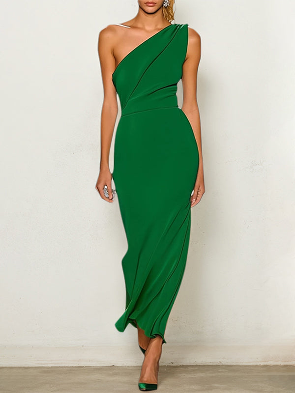 Green Chiffon One Shoulder Sleeveless Ankle Length Dress