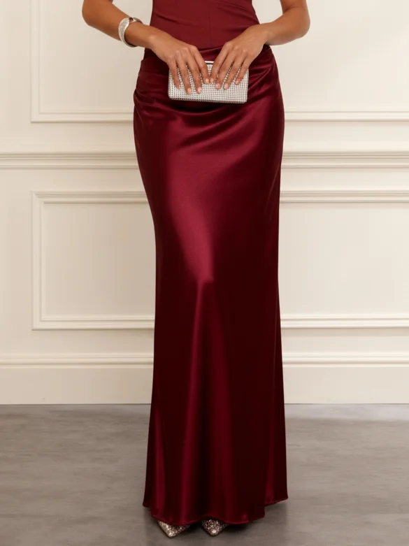 Wine Red Split Joint Satin One Shoulder Sleeveless Sheath Maxi Dress
