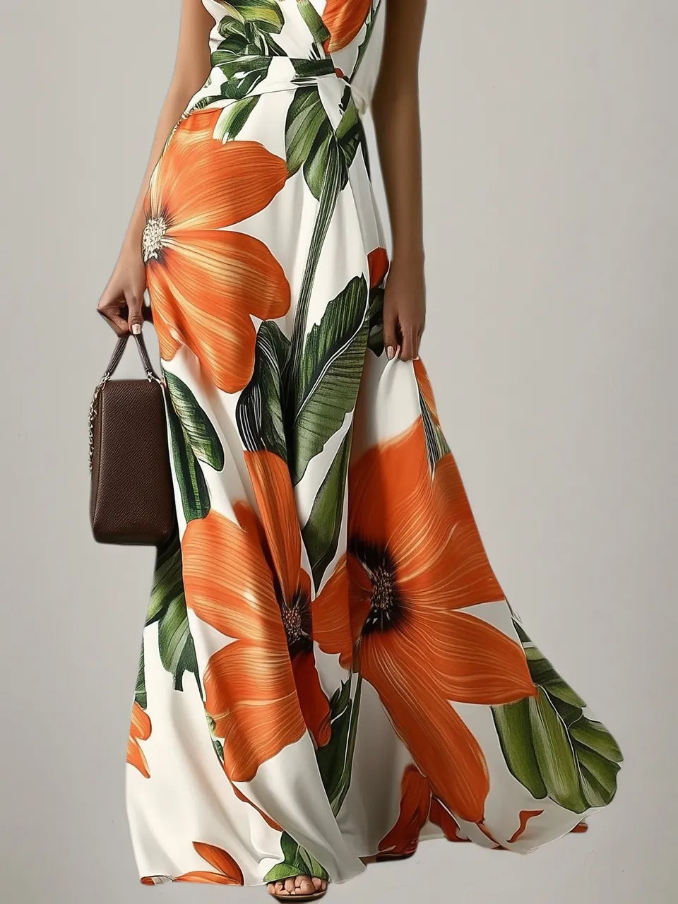 Orange Floral Classic V Neck Sleeveless A-Line Maxi Dress