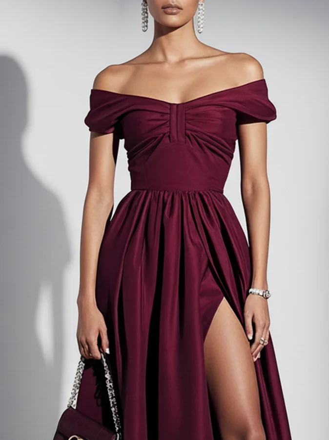Burgundy Gathered Slit Satin Off The Shoulder Sleeveless A-Line Maxi Dress