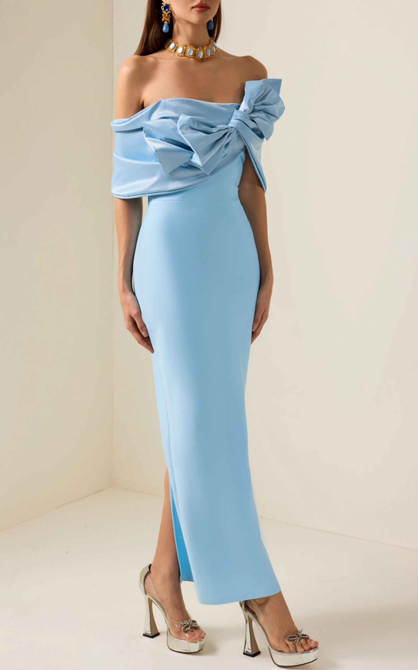 Bow Off-Shoulder Split Maxi Dress