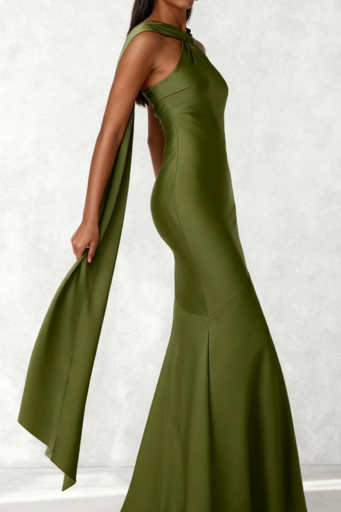 Evening Formal Dress Mermaid Olive Halter Satin Scarf Maxi Dress