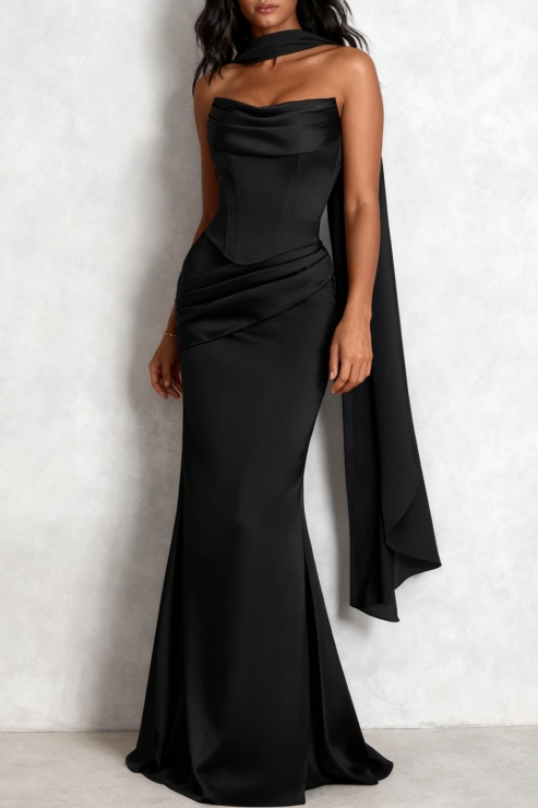 Evening Formal Dress Black Strapless Satin Maxi Dress with Scarf
