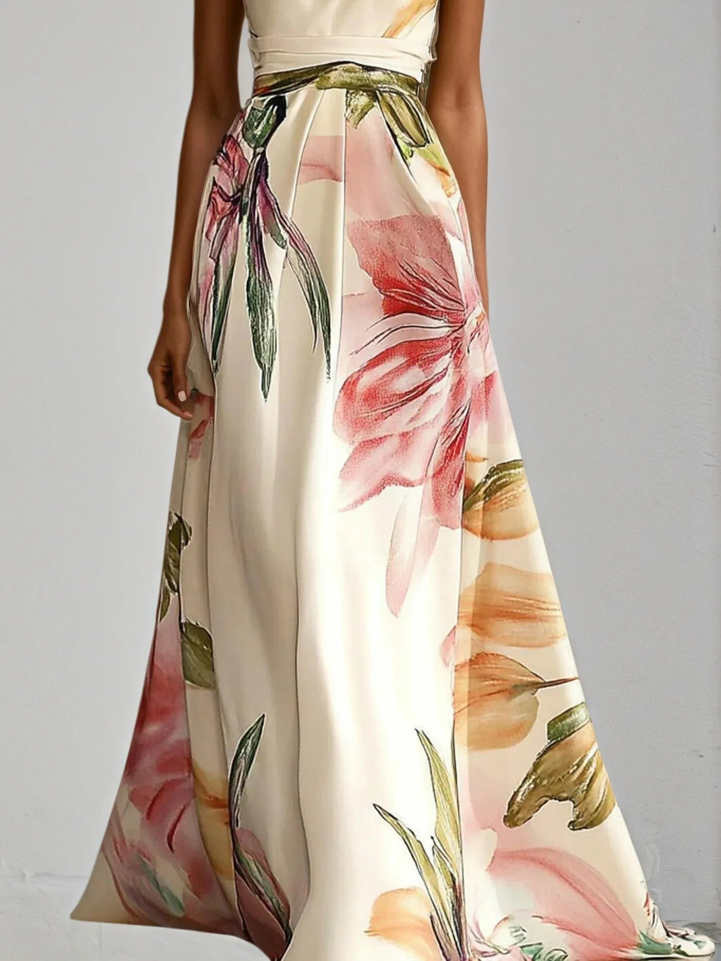 Pink Floral Satin One Shoulder Sleeveless A-Line Maxi Dress