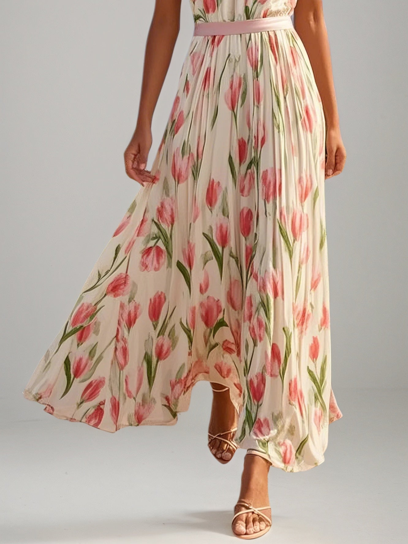 Pink Pleated Floral Chiffon Halter Sleeveless A-Line Mock Neck Maxi Dress