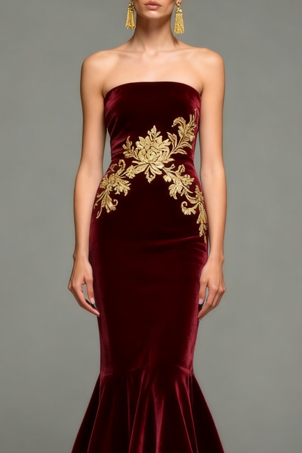 Formal Dress Burgundy Mermaid Off the Shoulder Printed Velvet Maxi Dress