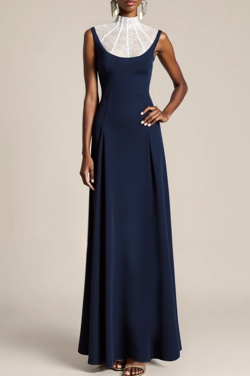 Formal Dress Sheath Navy High Neck Sleeveless Maxi Dress