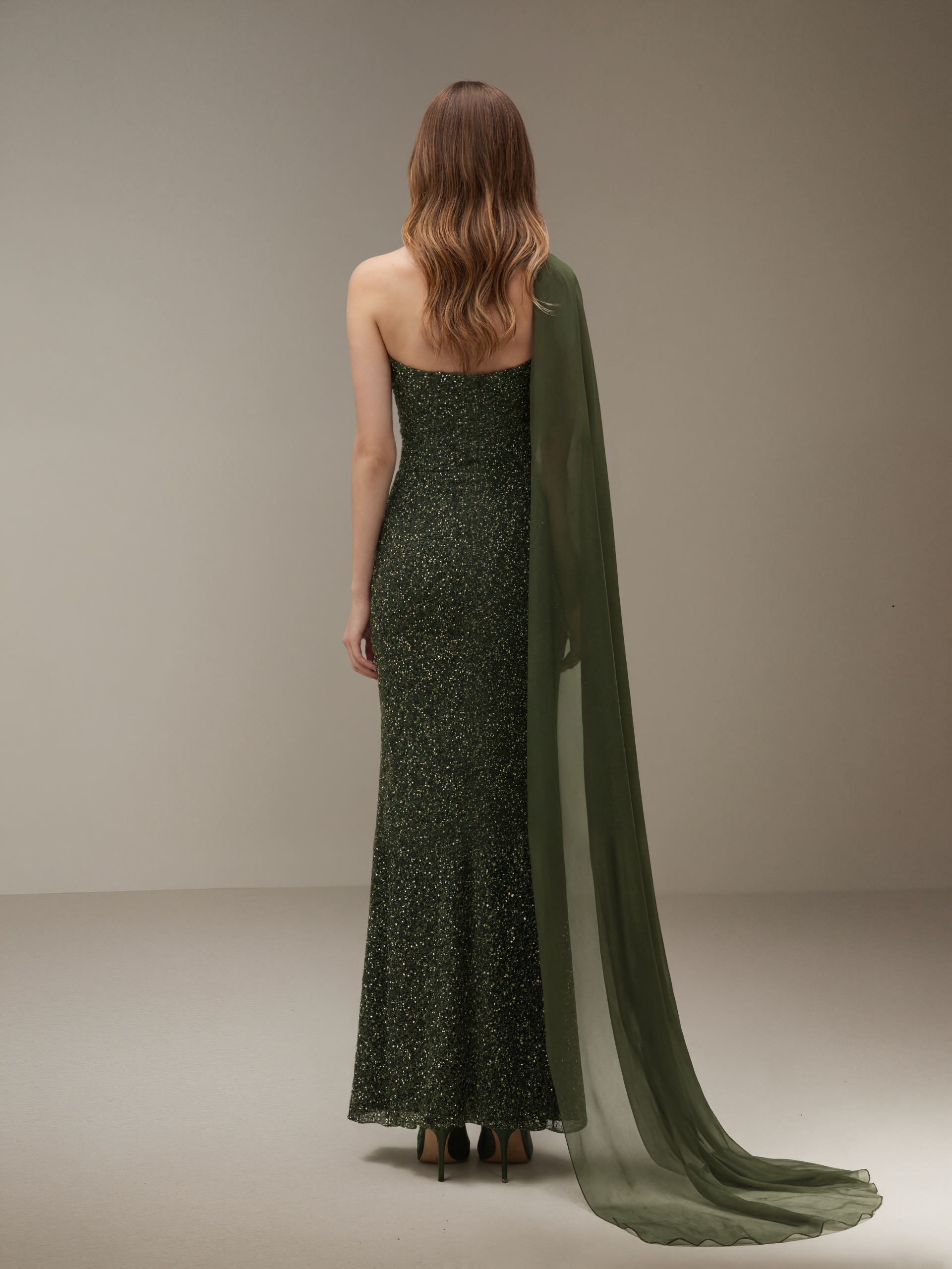 Emerald Sequin One-Shoulder Asymmetrical Evening Dress