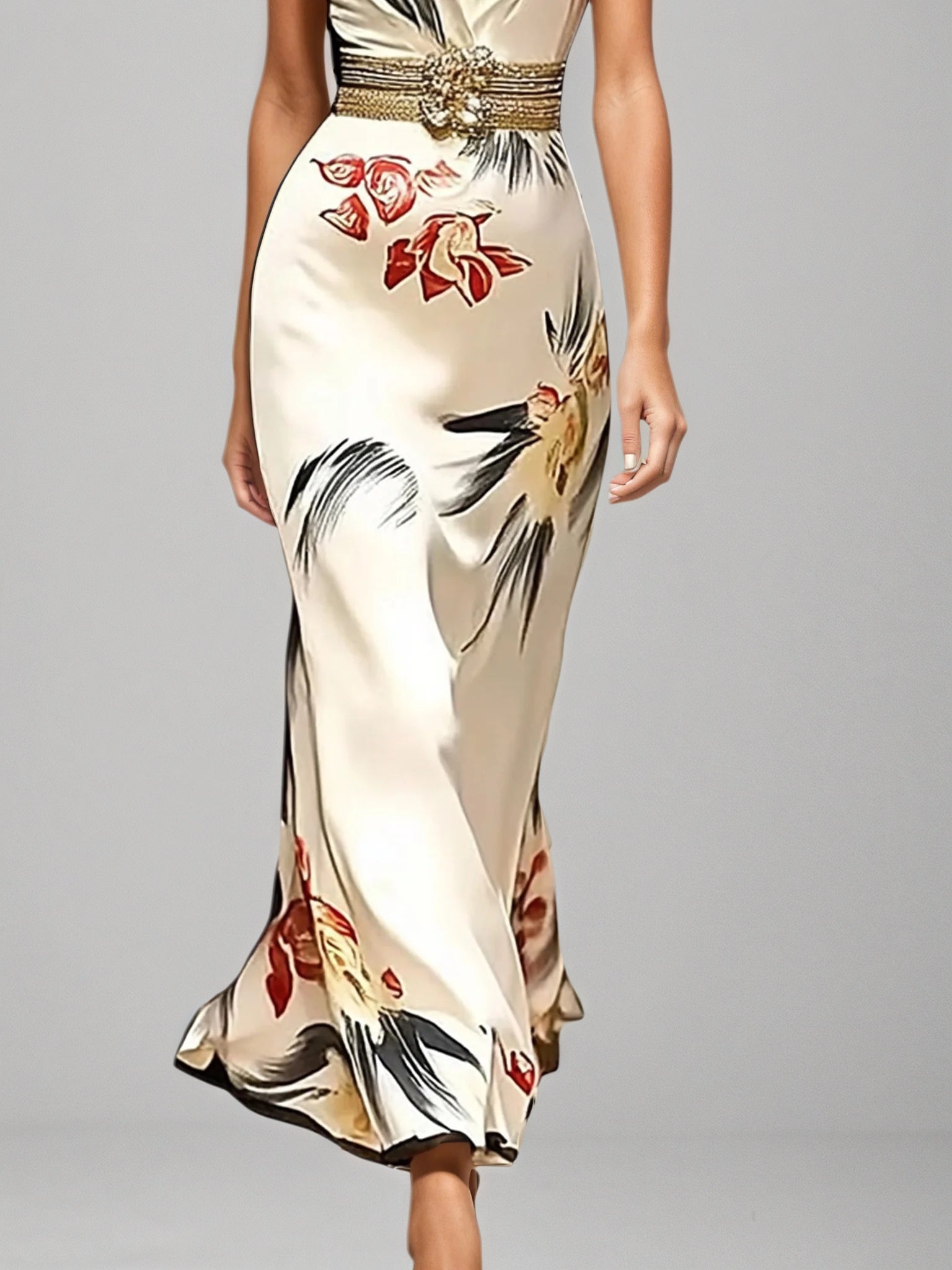 White Floral Satin V Neck Sleeveless A-Line Maxi Dress