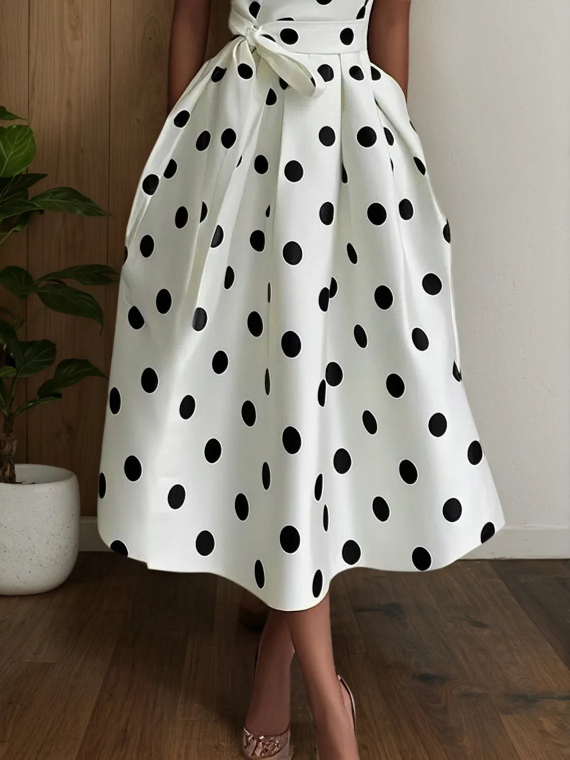 White Polka Dots V Neck Sleeveless A-Line Midi Dress