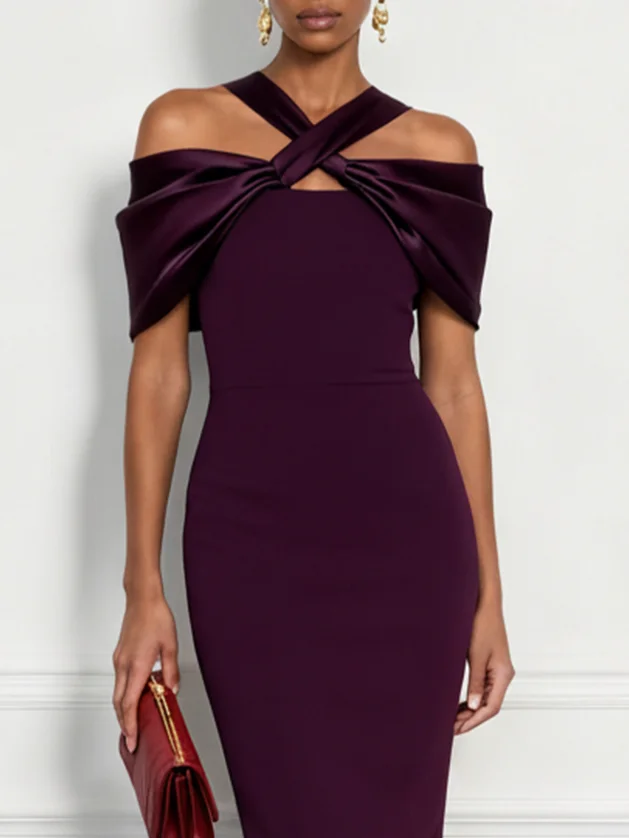Burgundy Cross Split Joint Classic Off The Shoulder Sleeveless Sheath Maxi Dress