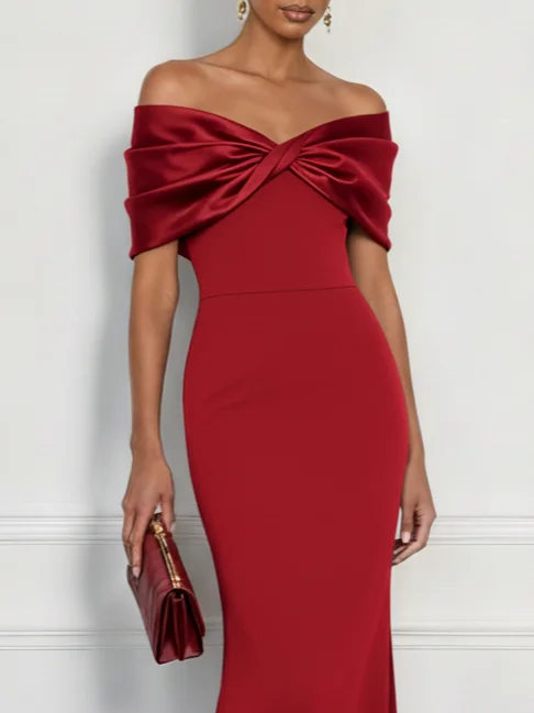 Red Knot Bow Classic Off The Shoulder Sleeveless Mermaid Gown Dress