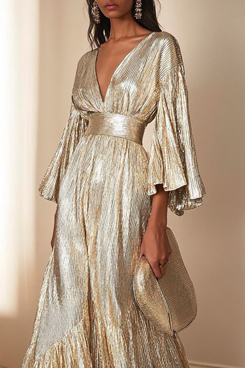 Party Evening Dress Ruffled Deep V Metallic Pleated Maxi Gown