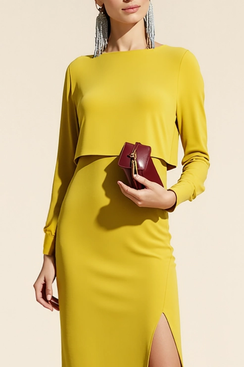 Yellow Formal Dress Sheath Crew Neck Maxi Dress with Slit