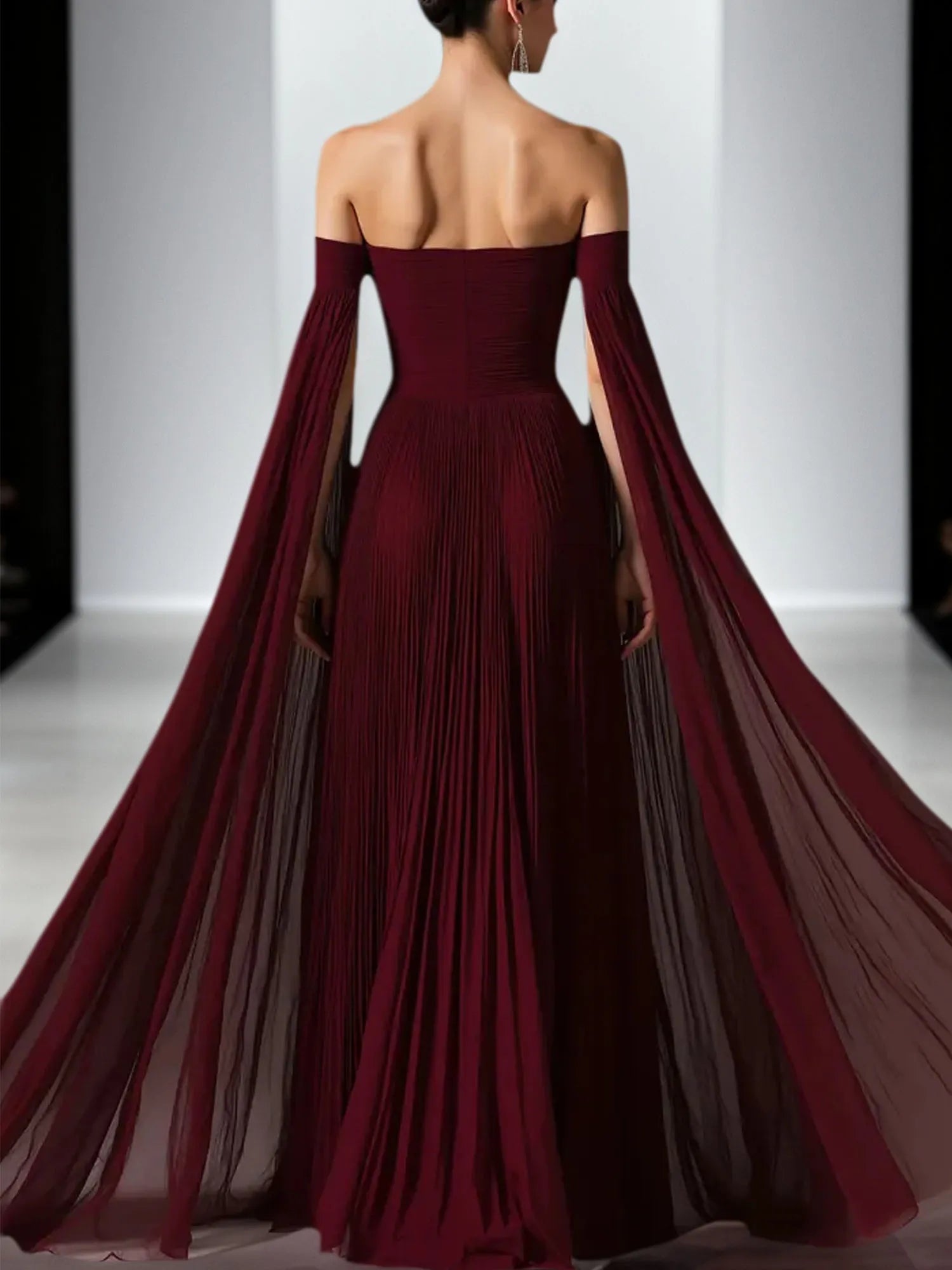 Flowy Burgundy Off the Shoulder Pleated Long Formal Dress with Cape