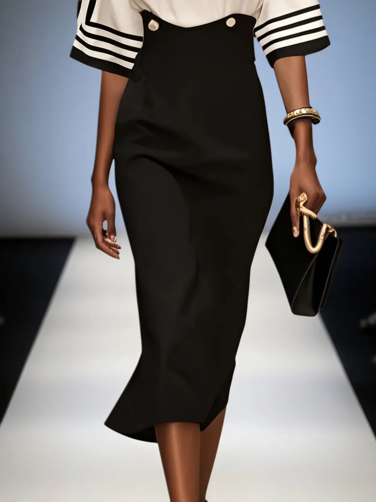 Black Striped Boat Neck Half Sleeve Sheath Midi Satin Dress