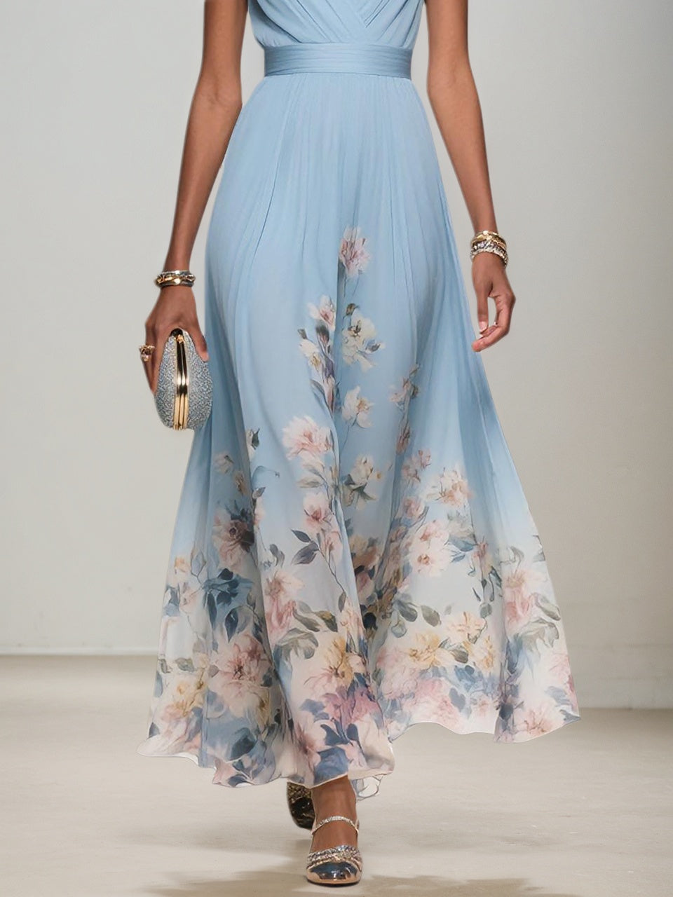 Light Blue Floral Chiffon V Neck Sleeveless A Line Maxi Dress