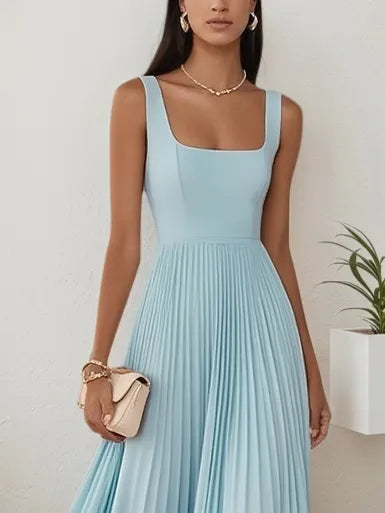 Light Blue Pleated Square Neck Sleeveless A-Line Maxi Dress